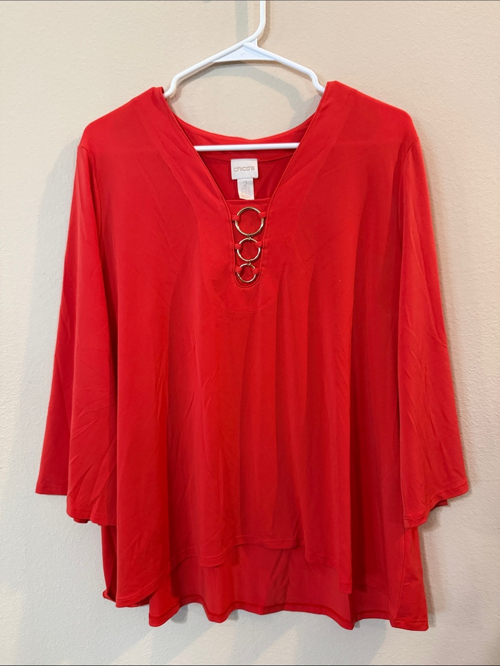Chico's Bright Red V-Neck Tunic with Ring Accent